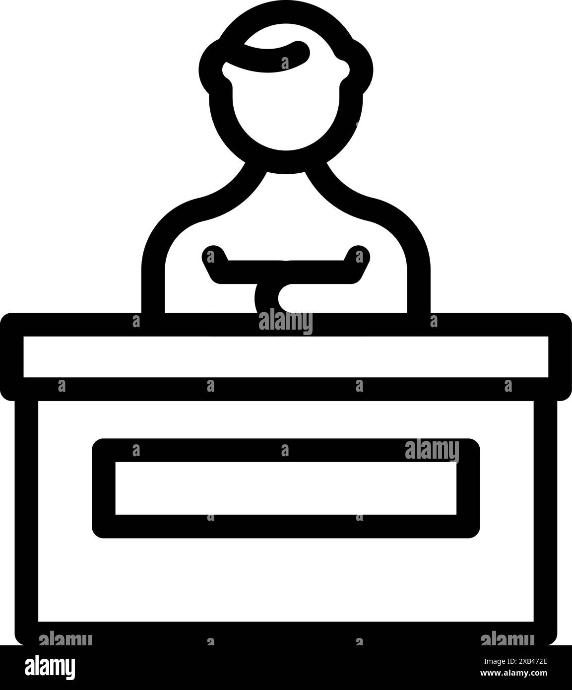 Icona della line art di un uomo d'affari in piedi dietro la scrivania con le braccia piegate che pronuncia un discorso Illustrazione Vettoriale