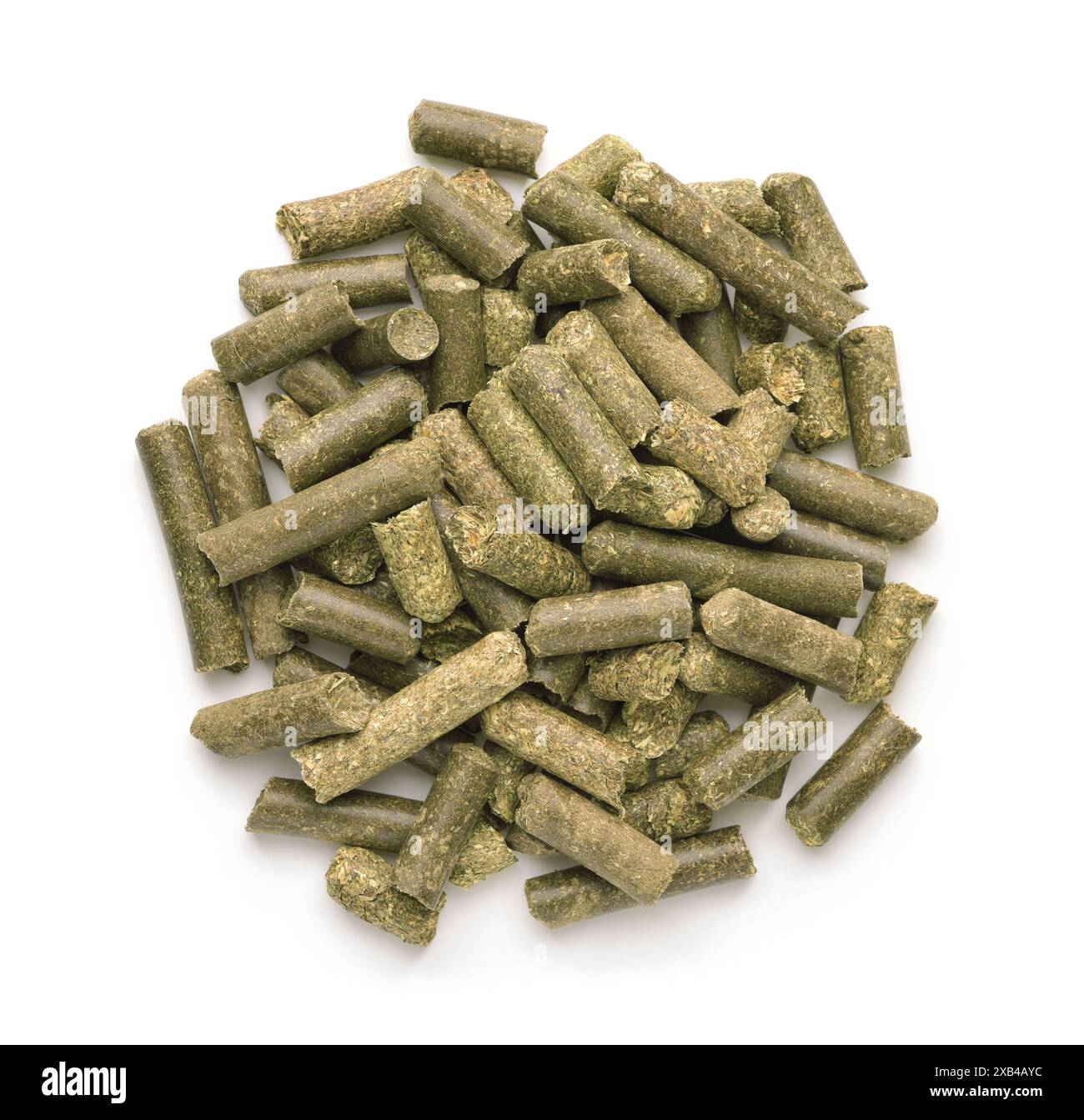 Vista dall'alto dei pellet di erba verde asciutta isolati su bianco Foto Stock
