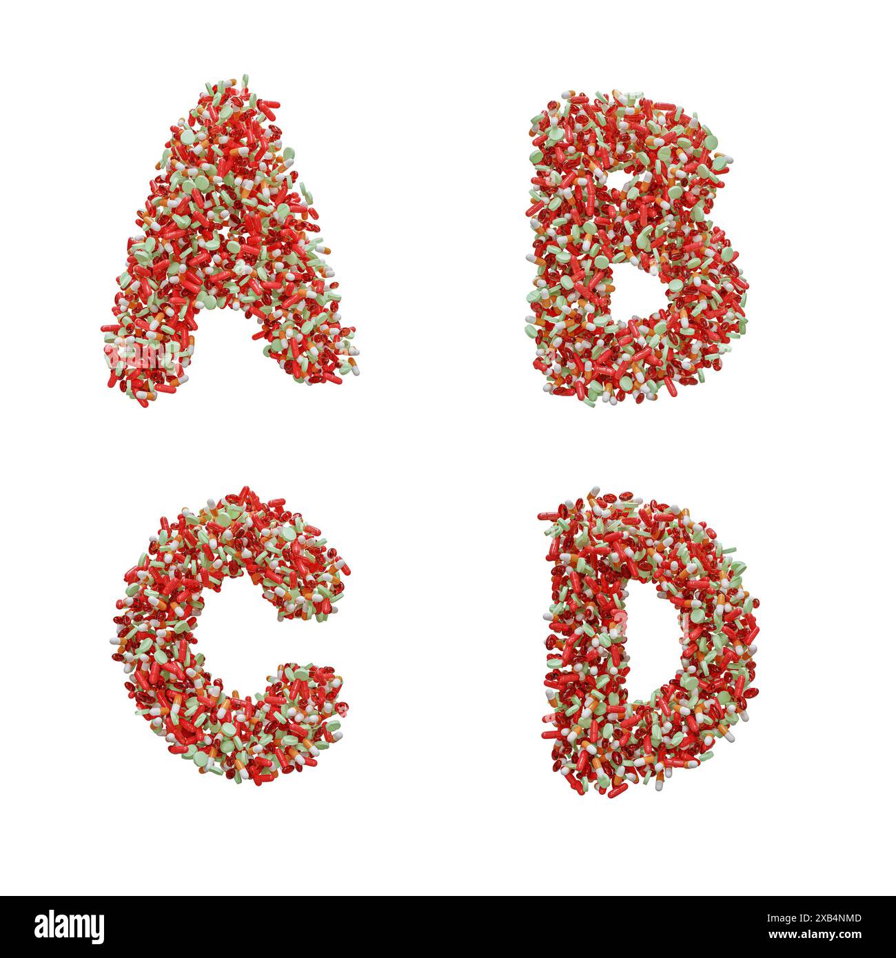 Rendering 3d dell'alfabeto della lettera maiuscola della pillola medica - lettere A-D. Foto Stock