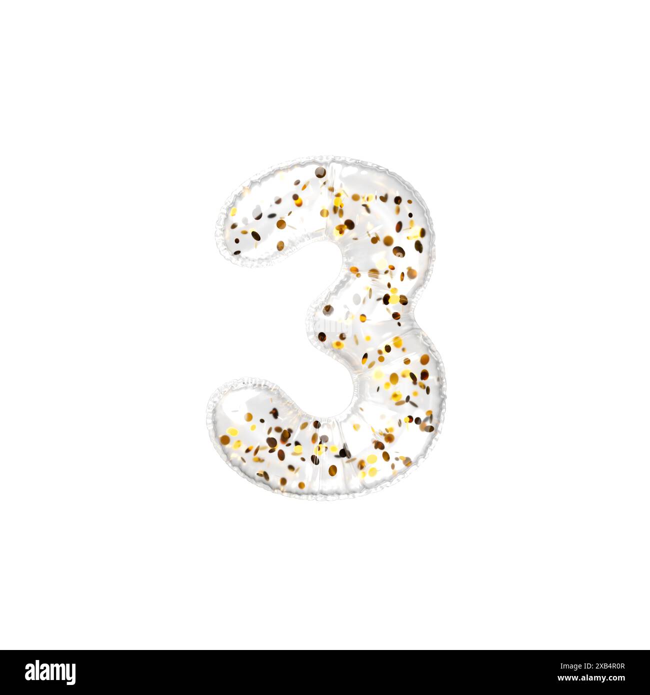 Palloncino trasparente con fiocchi dorati numero 3. illustrazione di rendering 3d. Foto Stock