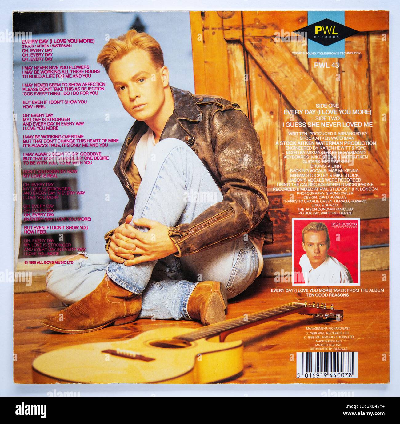 Copertina posteriore della versione singola da sette pollici di Every Day di Jason Donovan, pubblicata nel 1989 Foto Stock