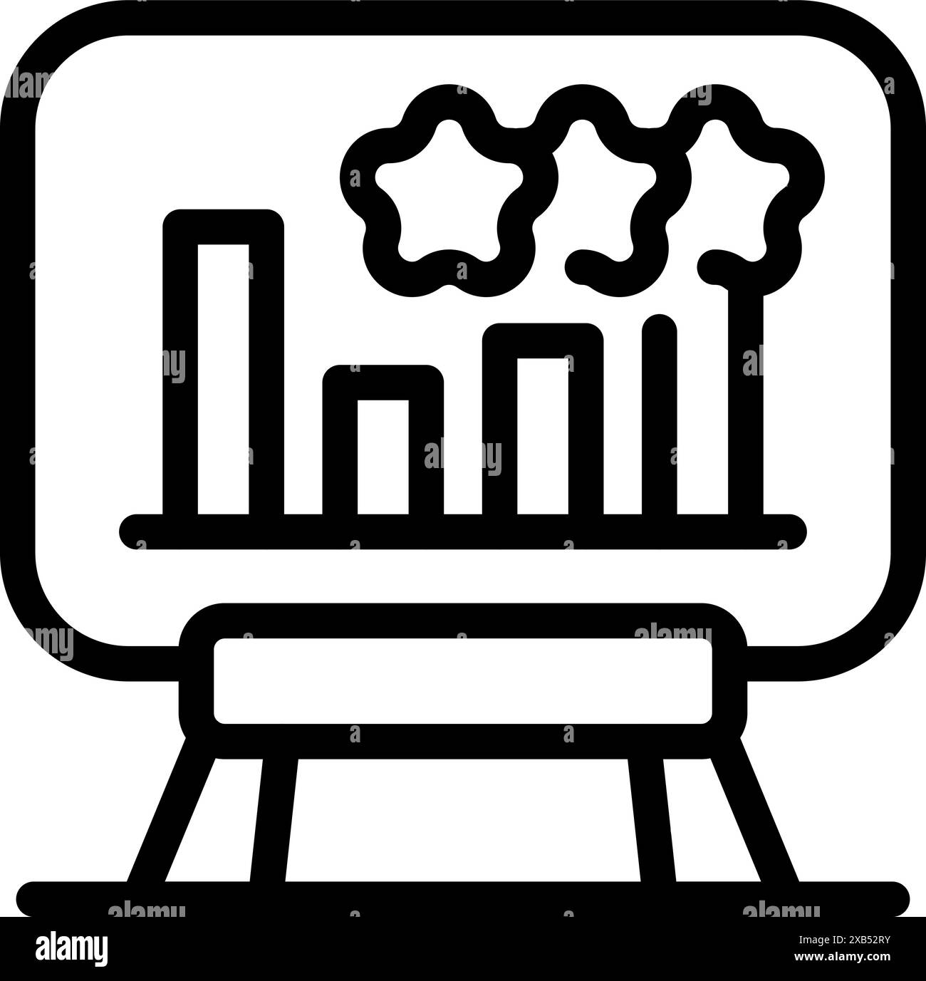 L'uomo d'affari sta dando una presentazione sul raggiungimento del successo, indicando una lavagna a fogli mobili con un grafico a barre in crescita e stelle Illustrazione Vettoriale