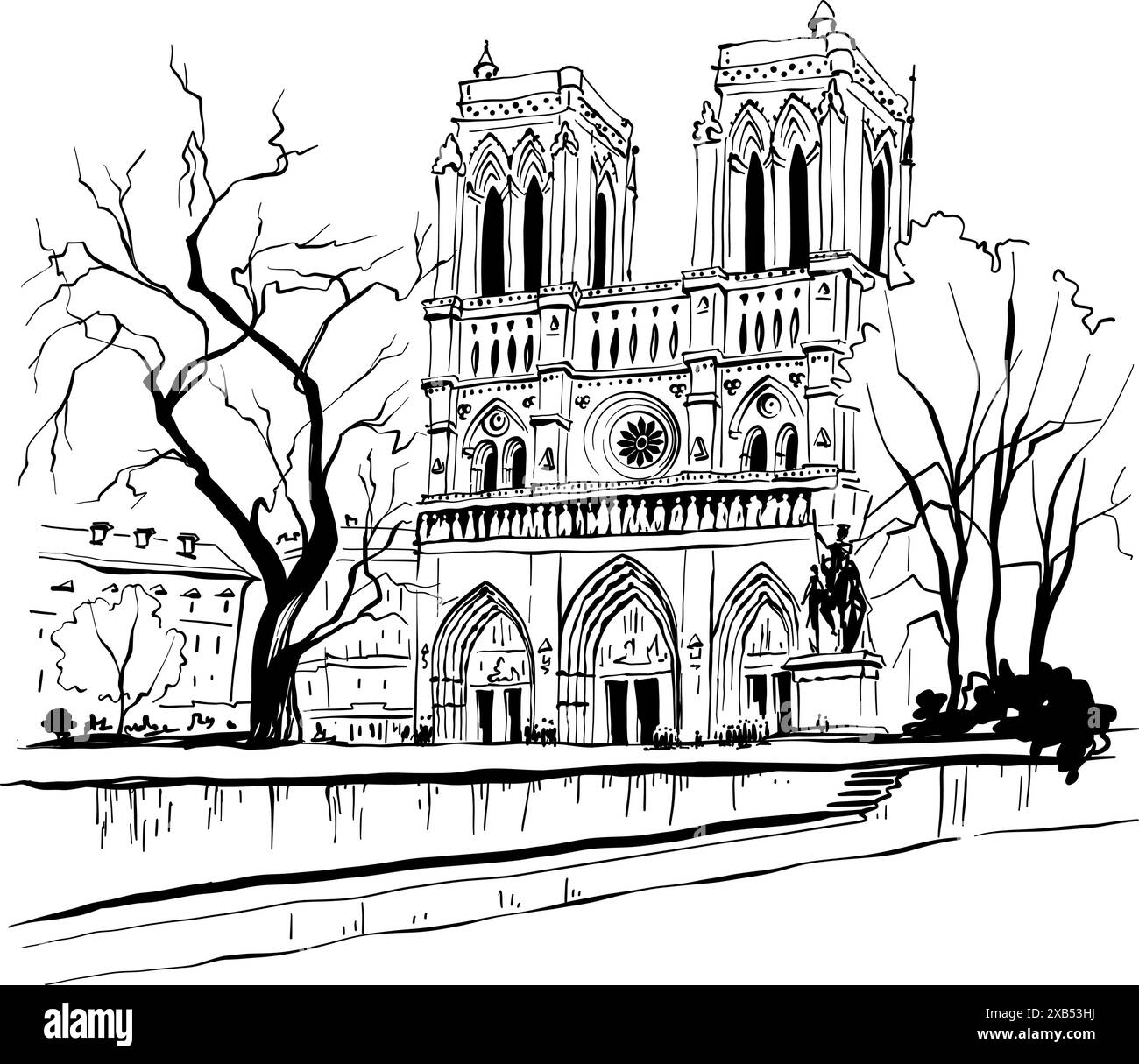 Cattedrale di Notre-Dame in bianco e nero a Parigi, Francia, che mostra l'architettura gotica e le torri gemelle Illustrazione Vettoriale