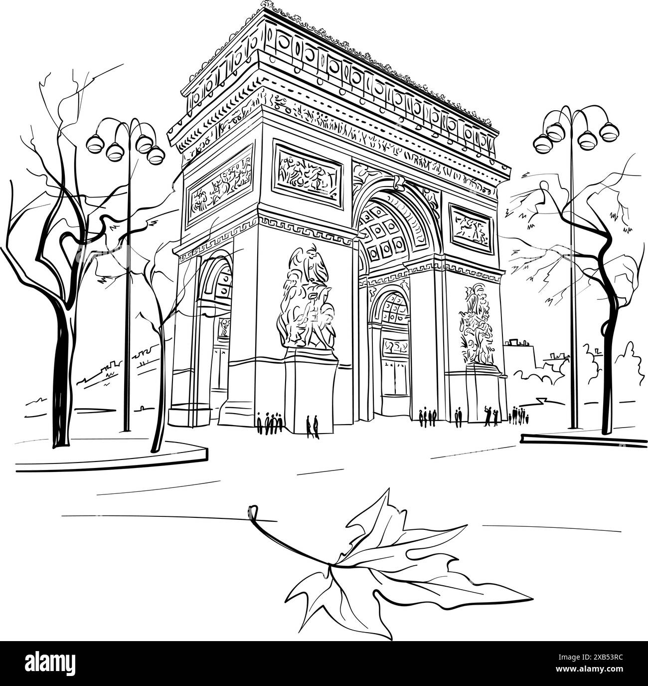 Arc de Triomphe bianco e nero a Parigi, in Francia, con le sue sculture e gli alberi circostanti Illustrazione Vettoriale