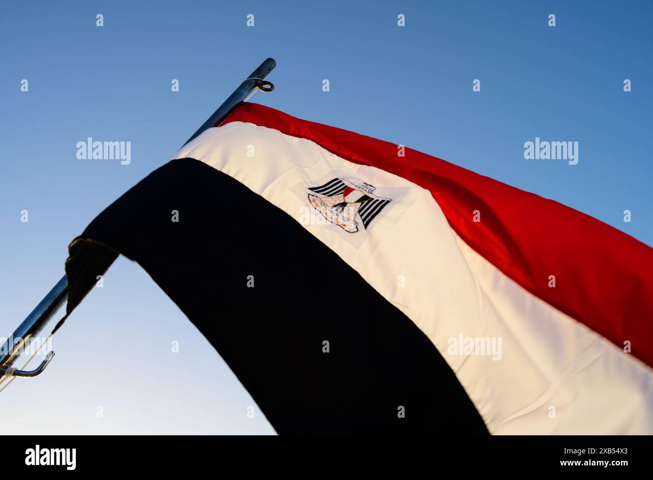 Bandiera egiziana o bandiera d'Egitto con l'Aquila di Saladino che vola sul cielo blu Foto Stock