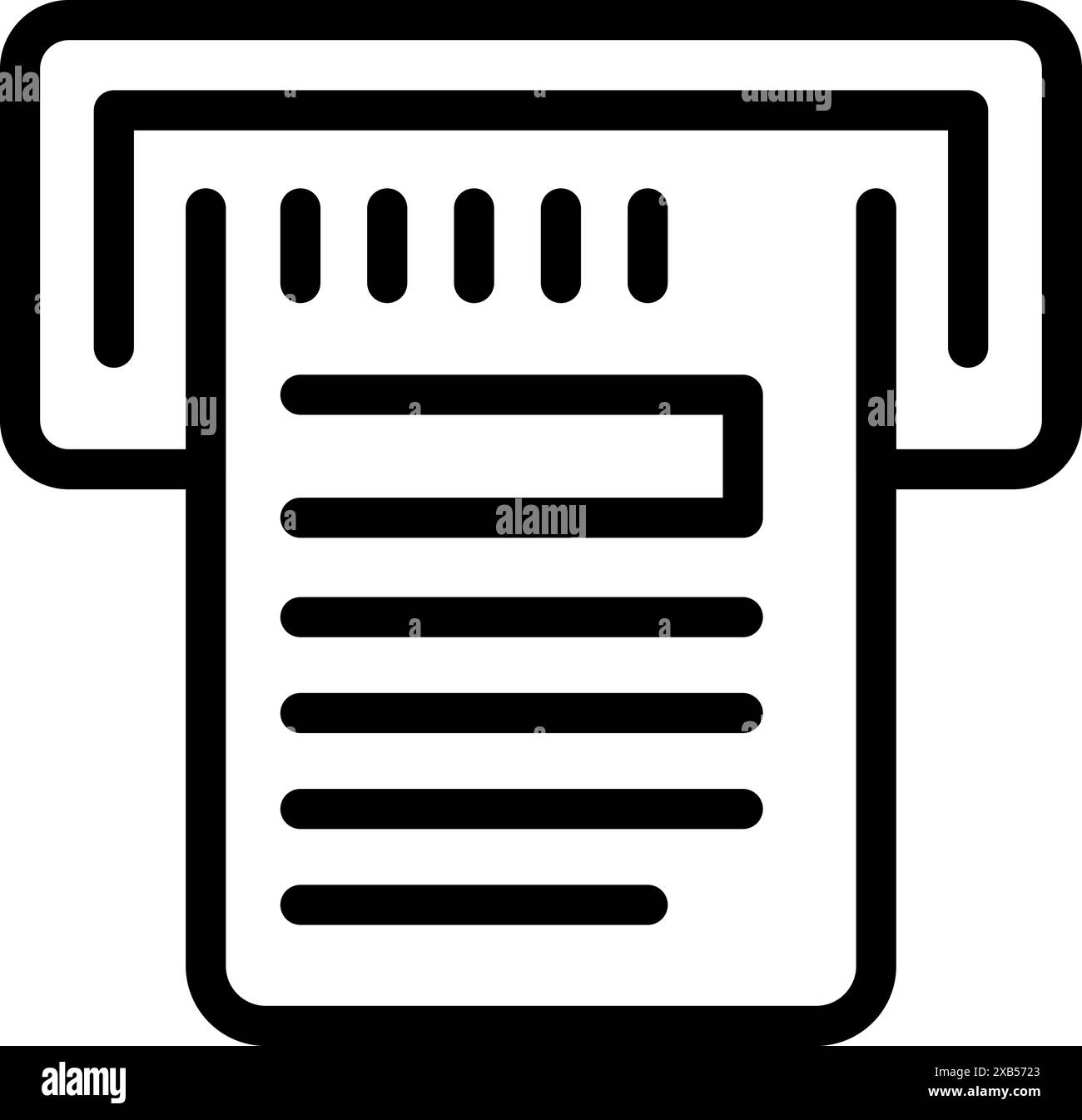 Stampante per ufficio che stampa l'icona di un documento con uno stile di contorno in grassetto Illustrazione Vettoriale