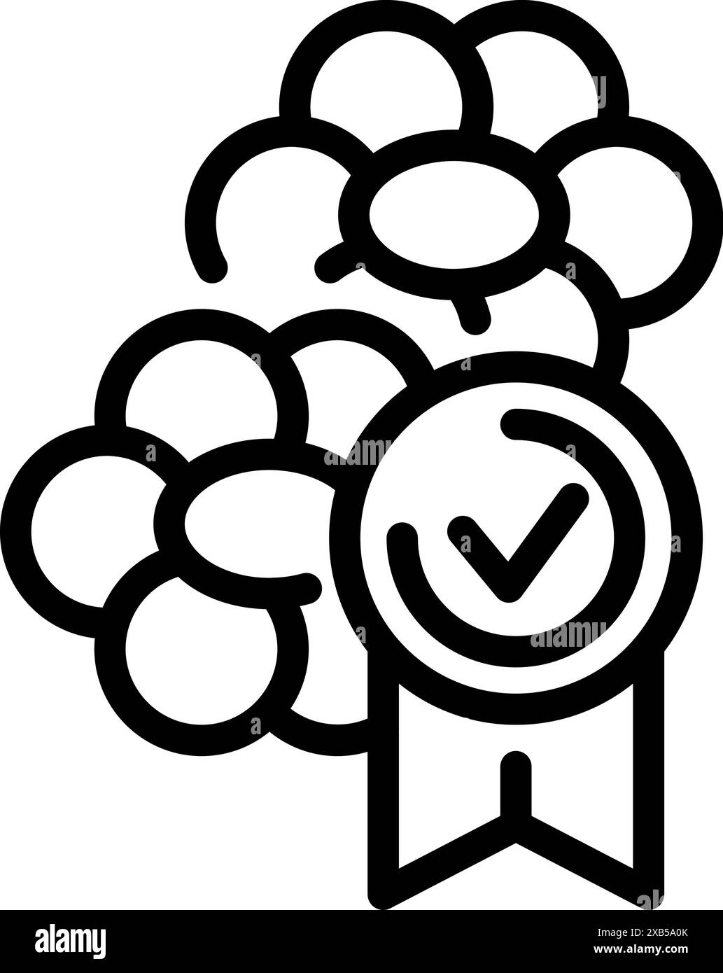 Icona line art di un bouquet di fiori con un segno di spunta, che rappresenta servizi floreali di alta qualità Illustrazione Vettoriale