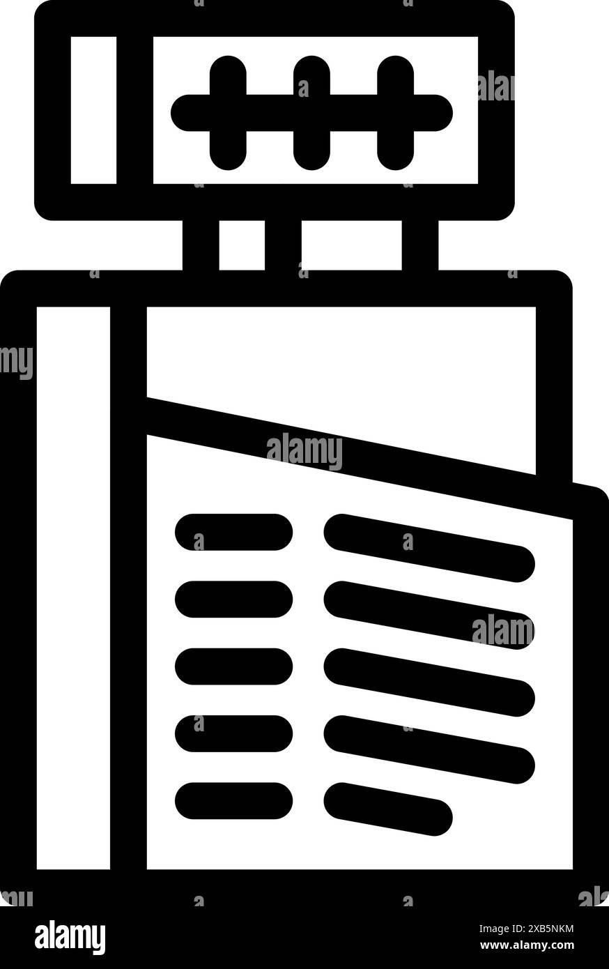 Icona in bianco e nero di una stampante per grandi formati che stampa un opuscolo con punti metallici Illustrazione Vettoriale