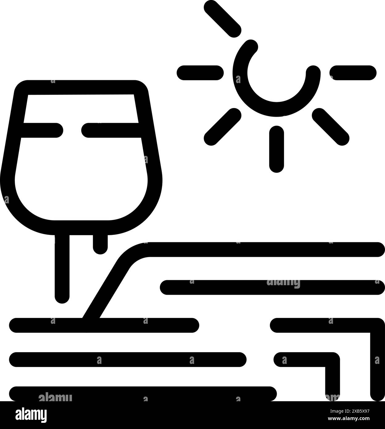 Illustrazione in linea di un bicchiere di vino in piedi su un tavolo sotto il sole estivo godendosi una calda giornata di sole Illustrazione Vettoriale