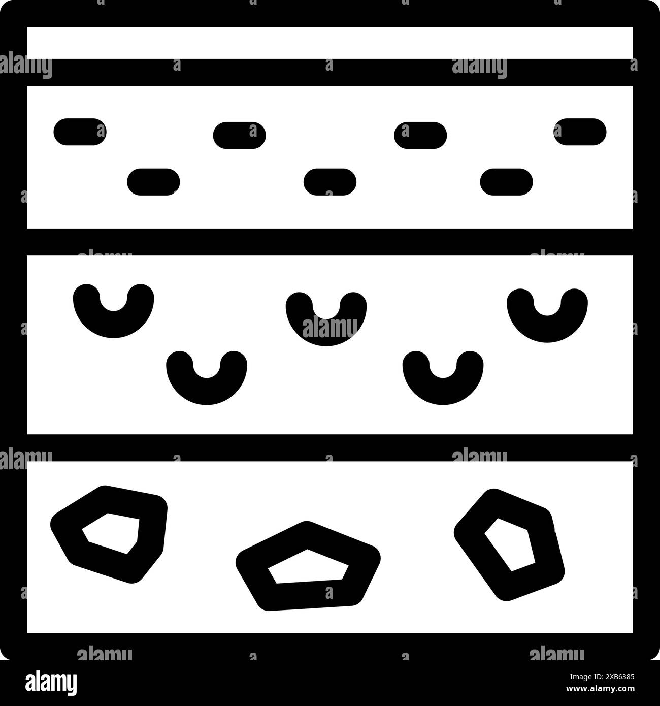 Gli strati del suolo si incrociano mostrando orizzonti diversi con humus e pietre per l'educazione alla scienza geologica Illustrazione Vettoriale