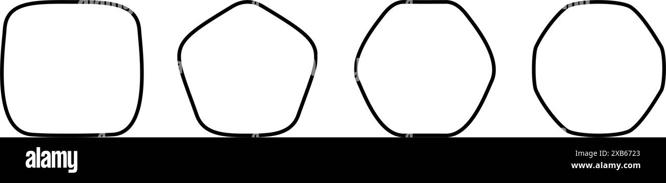 Set di cornici geometriche con angoli arrotondati. Forma quadrata, pentagono, esagonale e ottagono isolata su sfondo bianco. Illustrazione del profilo vettoriale. Illustrazione Vettoriale
