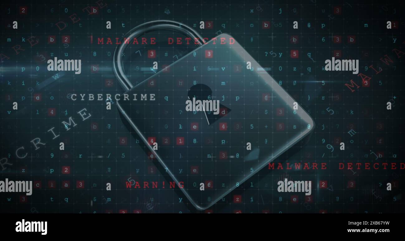 Un lucchetto digitale circondato da testo mobile e numeri che indicano minacce alla sicurezza informatica Foto Stock