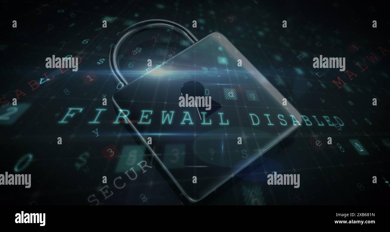 Un lucchetto digitale visualizzato con FIREWALL di testo DISATTIVATO in grassetto Foto Stock