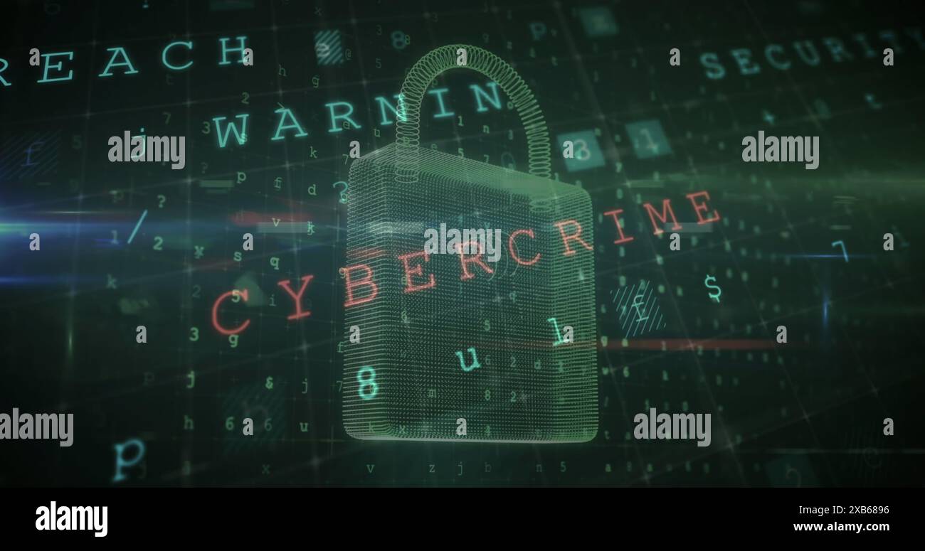 Lucchetto digitale con testo PER CRIMINI INFORMATICI sovrapposto a sfondo scuro Foto Stock