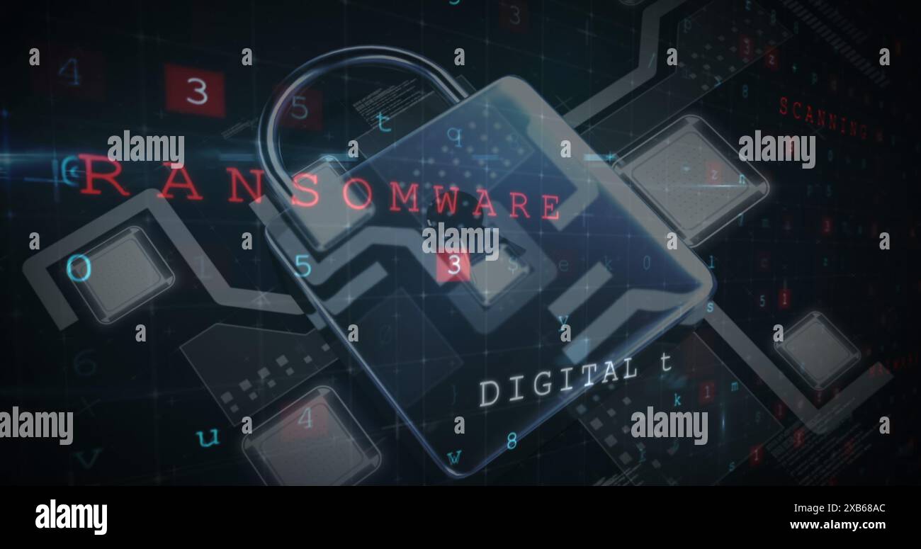 Icona del lucchetto digitale con parola RANSOMWARE in grassetto Foto Stock