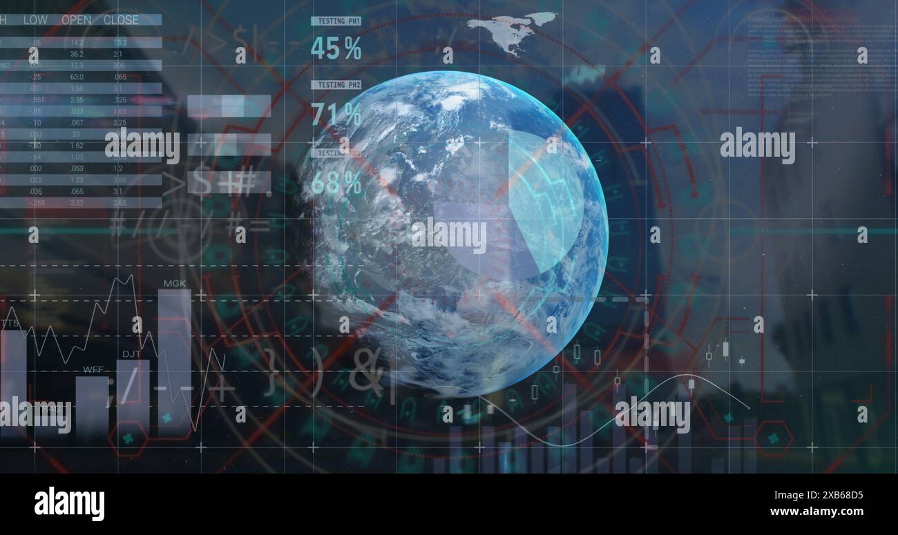 Rappresentazione digitale della Terra circondata da varie visualizzazioni di dati e grafici Foto Stock