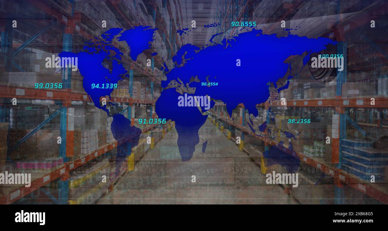 Sovrapposizione di mappe mondiali digitali con punti dati numerici Foto Stock