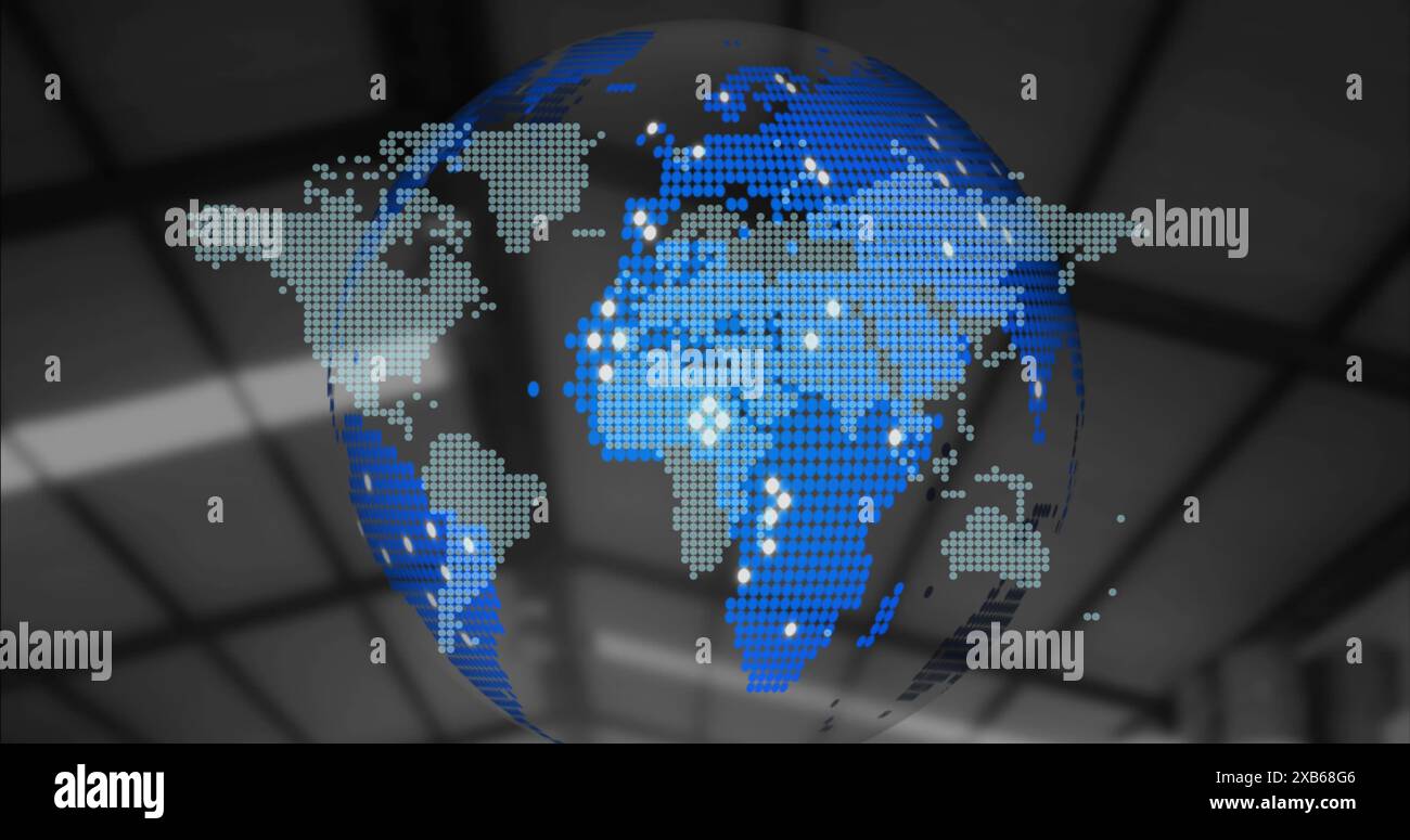 Globo digitale che visualizza una mappa del mondo in pixel con punti blu e bianchi Foto Stock
