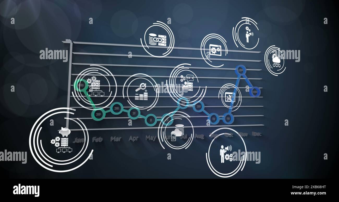 Grafico digitale con varie icone che rappresentano i dati e le tendenze tecnologiche Foto Stock
