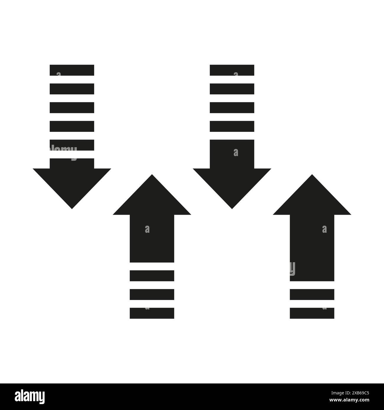 Raccolta di simboli freccia. Design a righe e solidi neri. Verso l'alto e verso il basso. Illustrazione vettoriale. Illustrazione Vettoriale