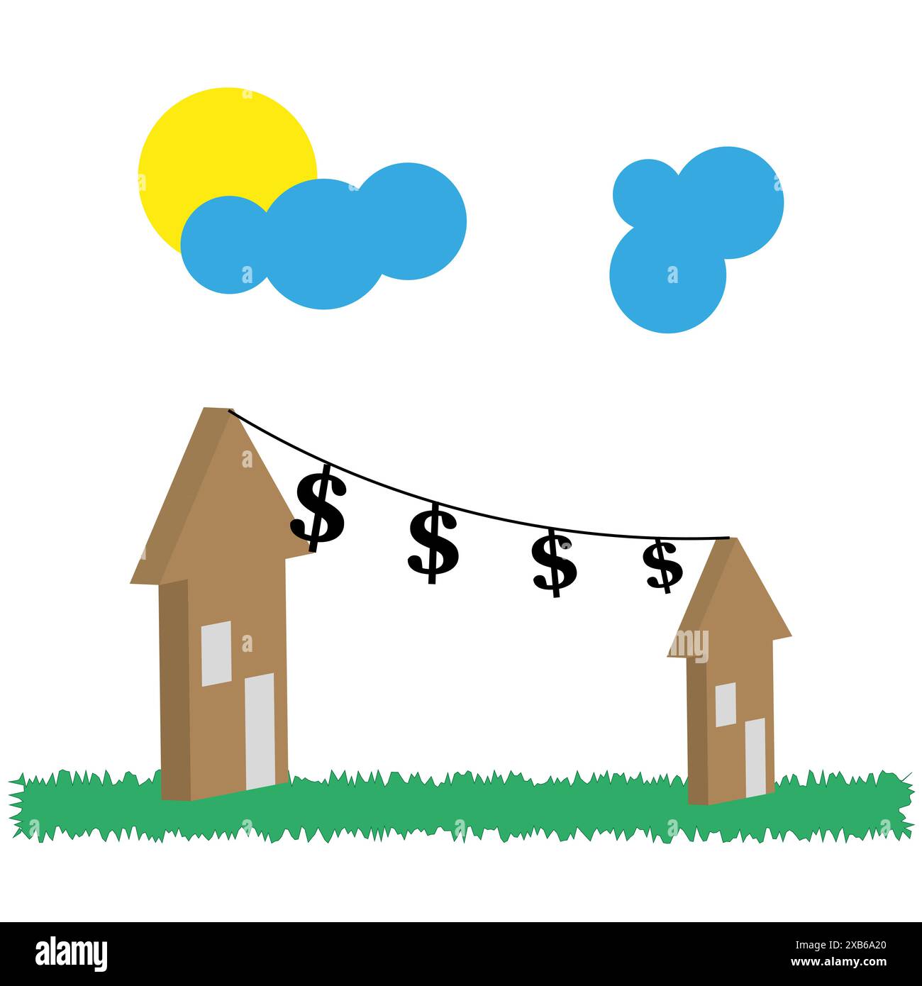 Case vettoriali con segni di dollaro. Dettagli cielo soleggiato. Nuvole blu fluttuanti. Vettore erba verde. Illustrazione Vettoriale