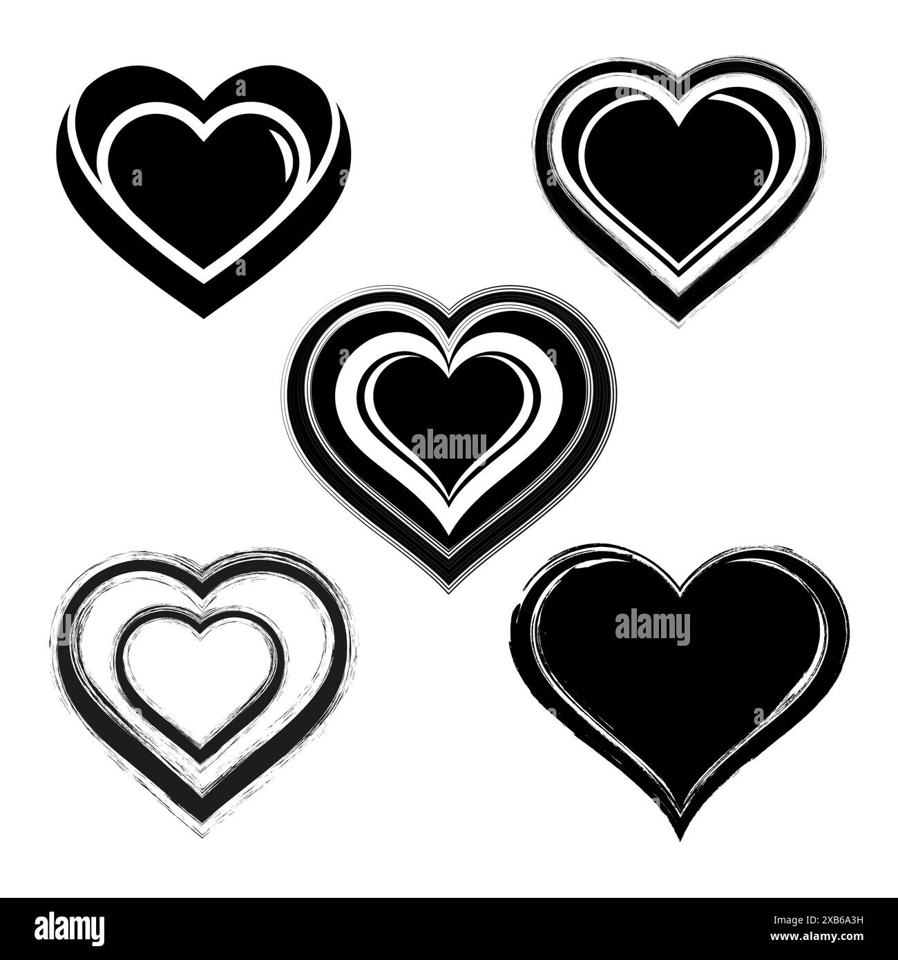 Collezione Heart Designs. Cinque in bianco e nero. Forme vettoriali geometriche. Elementi grafici moderni. Illustrazione Vettoriale