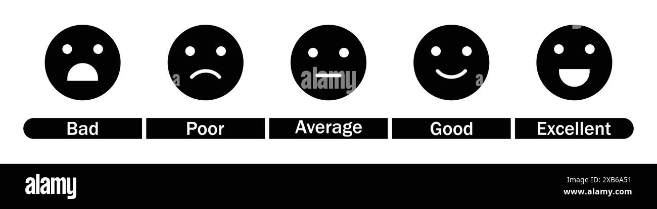 L'icona del vettore emoji di valutazione del feedback imposta i colori in bianco e nero. set di icone emoji di valutazione e feedback. Eccellente, buono, neutrale, emoji. Illustrazione Vettoriale