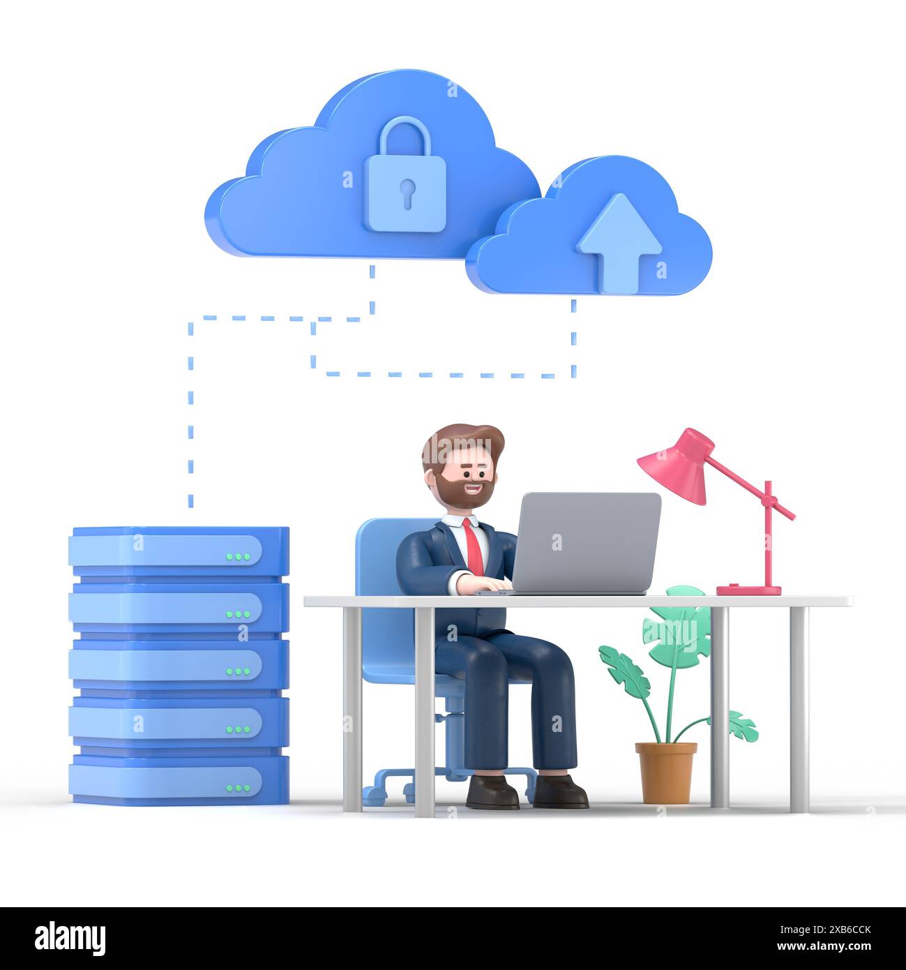 Illustrazione 3D di un uomo d'affari. Set di concept di cloud computing. Server di servizi cloud per l'archiviazione e l'elaborazione di dati.blogging, sito Web, app mobile, promozione Foto Stock