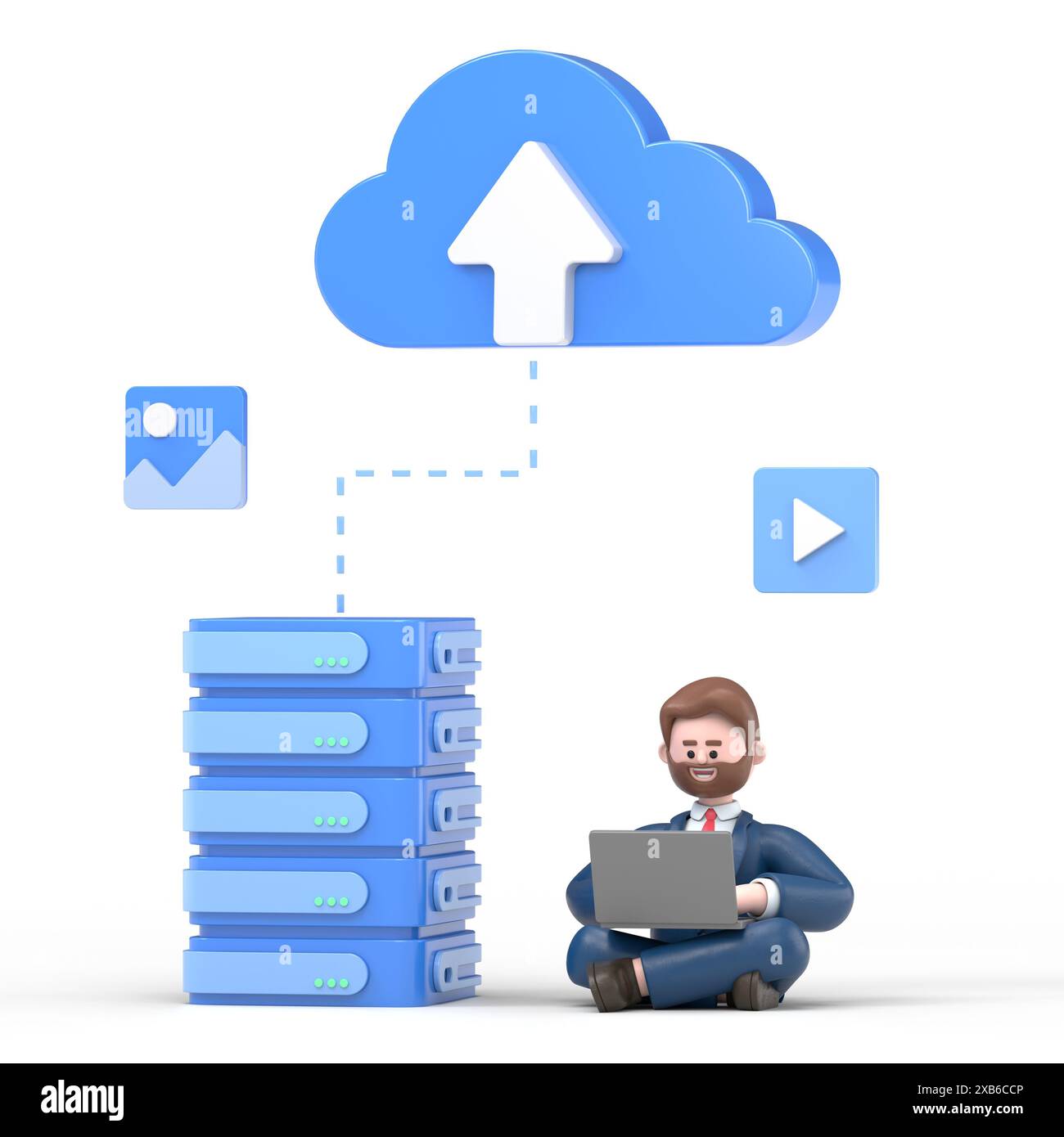 Concetto Web del server dati. Tecnologia di storage, database. Modello della scena delle persone. Illustrazione 3D di un uomo d'affari in una progettazione piatta per sito Web e cartella Foto Stock