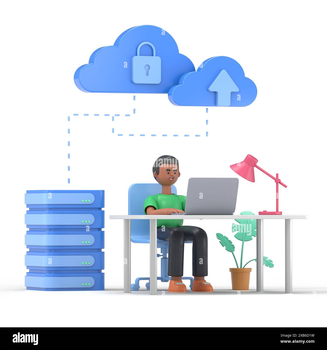 Illustrazione 3D di un uomo d'affari. Set di concept di cloud computing. Server di servizi cloud per l'archiviazione e l'elaborazione di dati.blogging, sito Web, app mobile, promozione Foto Stock
