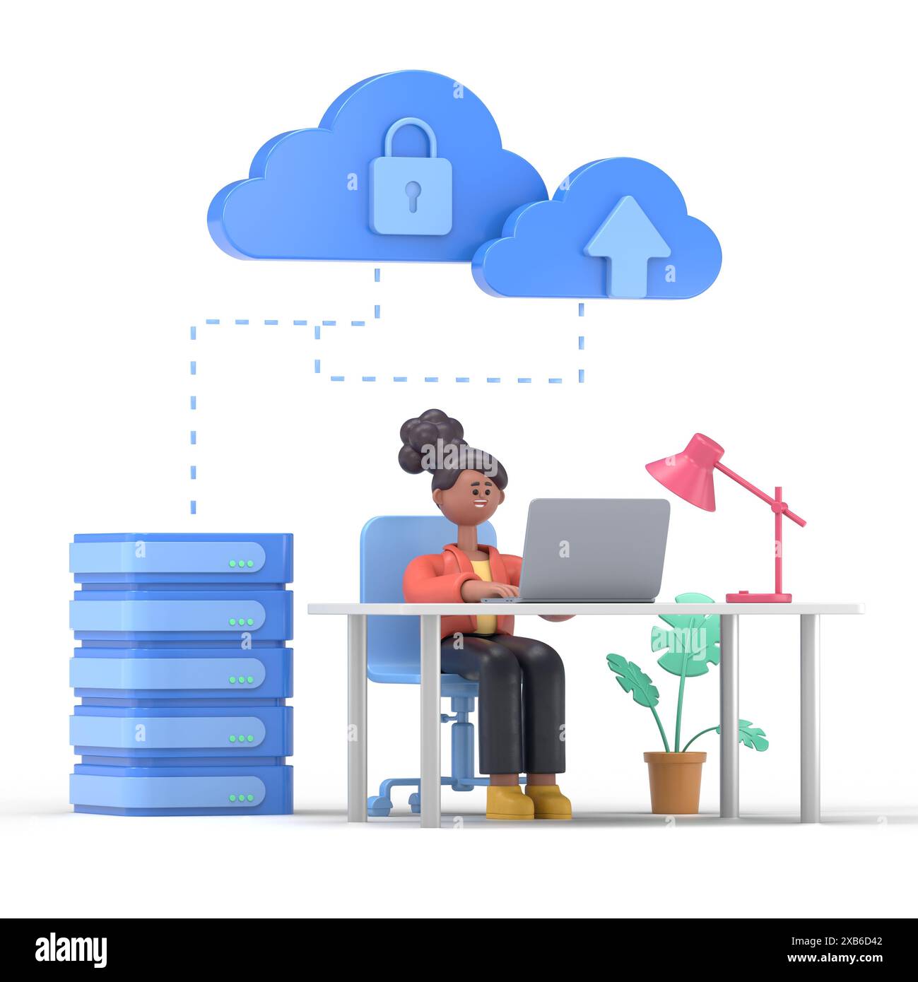 Illustrazione 3D di un uomo d'affari. Set di concept di cloud computing. Server di servizi cloud per l'archiviazione e l'elaborazione di dati.blogging, sito Web, app mobile, promozione Foto Stock