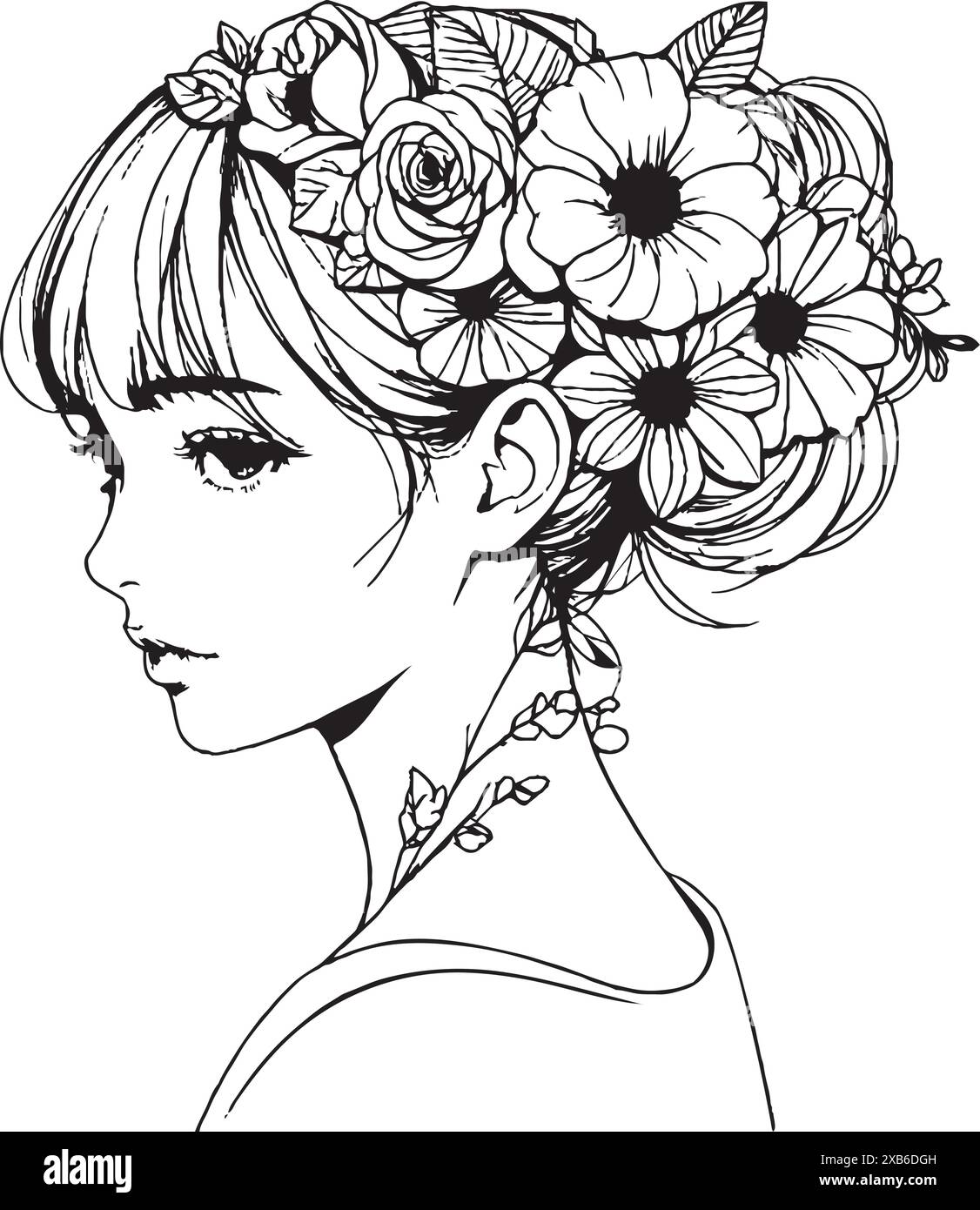 Sofisticato ritratto lineare di una giovane donna con fiori nei capelli, realizzato con eleganti linee nere, isolato. Le illustrazioni in stile boho sono entrambe g Illustrazione Vettoriale