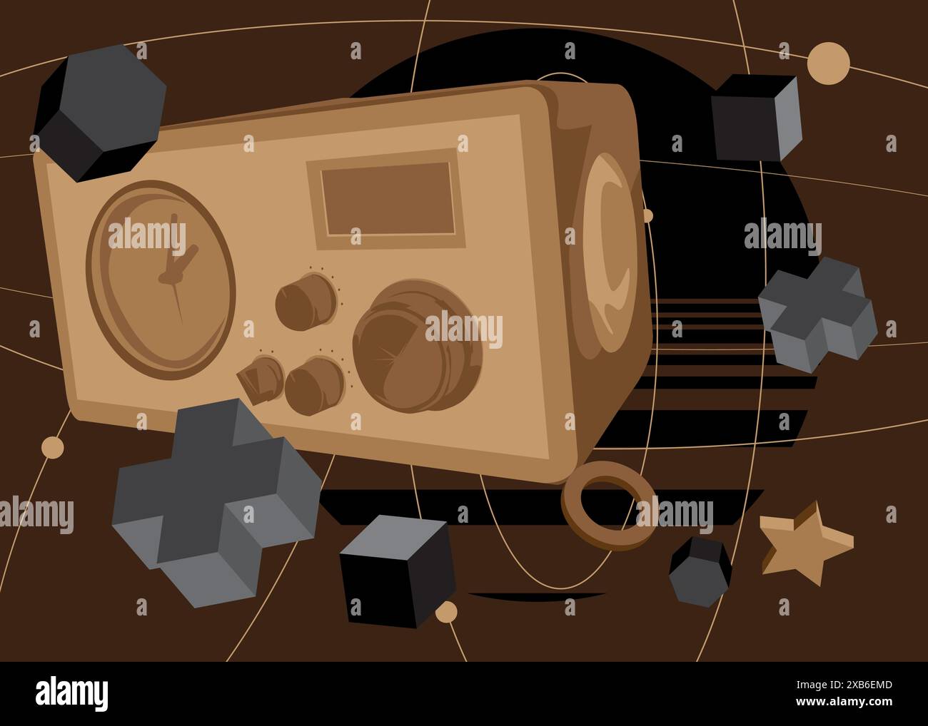 Radio retrò, sfondo geometrico a tema retrò nero e marrone. Elementi geometrici minimi. Illustrazione vettoriale delle forme astratte vintage. Illustrazione Vettoriale