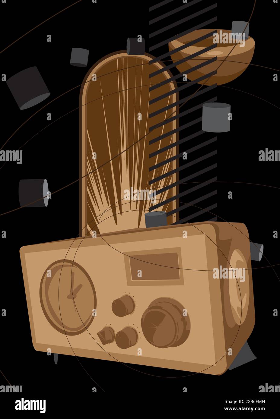 Radio retrò, sfondo geometrico a tema retrò nero e marrone. Elementi geometrici minimi. Illustrazione vettoriale delle forme astratte vintage. Illustrazione Vettoriale