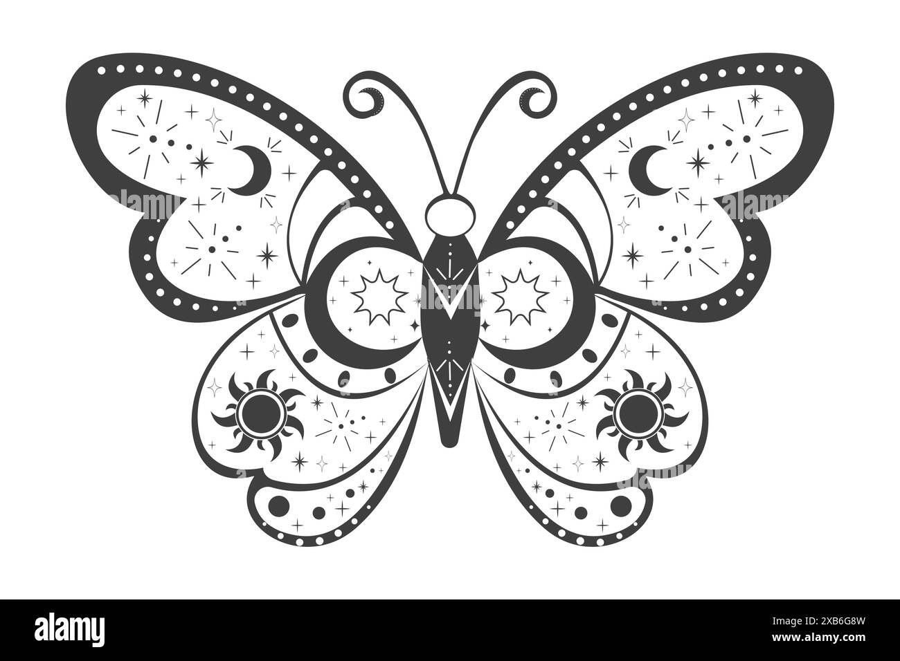 Decorazione sacra magica falena esoterica tatuaggio o linea scura farfalla, mistero celeste bordo decorazione esoterica con falena o farfalla, sole, stelle e luna su sfondo bianco. Illustrazione vettoriale Illustrazione Vettoriale