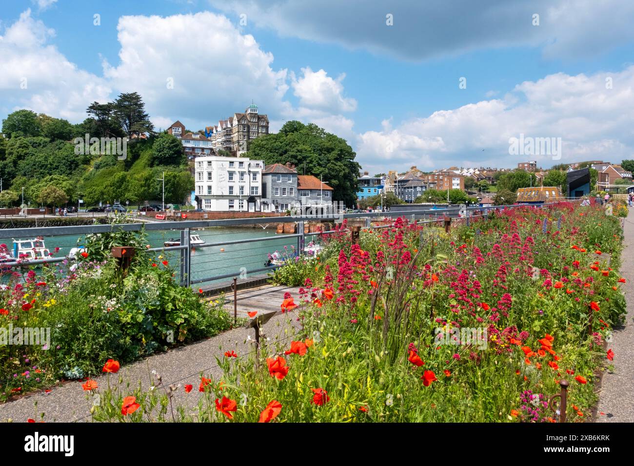 Folkestone, fiori estivi sul vecchio viadotto ferroviario pedonale sopra Folkestone Harbour, Kent, Regno Unito Foto Stock