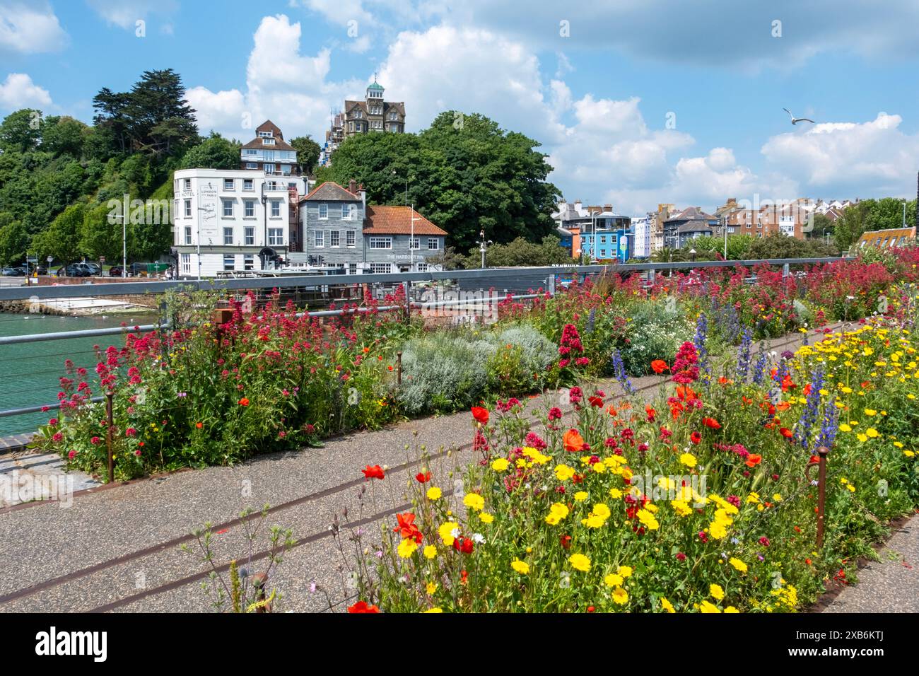 Folkestone, fiori estivi sul vecchio viadotto ferroviario pedonale sopra Folkestone Harbour, Kent, Regno Unito Foto Stock