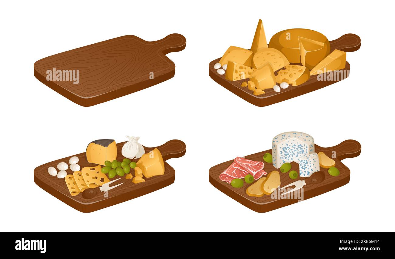 Set di taglieri con cibo e senza. Diversi tipi di formaggi sul vassoio del formaggio in stile realistico. Illustrazione vettoriale. Illustrazione Vettoriale