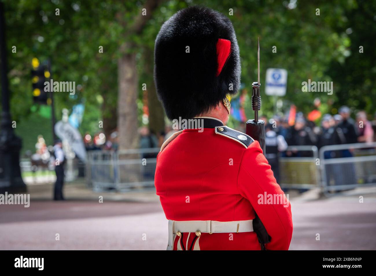 Un soldato partecipa alla revisione del Colonnello per l'imminente Trooping of the Colour. La rivista del colonnello è identica alla parata del compleanno di Kingís, con l'eccezione che alcuni ufficiali a cavallo aggiuntivi cavalcano su quest'ultima. Vi parteciperanno oltre 1400 soldati della divisione Household e della Kingís Troop Royal Horse Artillery, tra cui 400 musicisti delle bande massed, che sfileranno tutti sulle guardie a cavallo per la seconda delle due revisioni formali. Il Colonel's Review include anche 250 soldati delle Foot Guards che percorreranno il percorso processionale lungo il Mall. Foto Stock