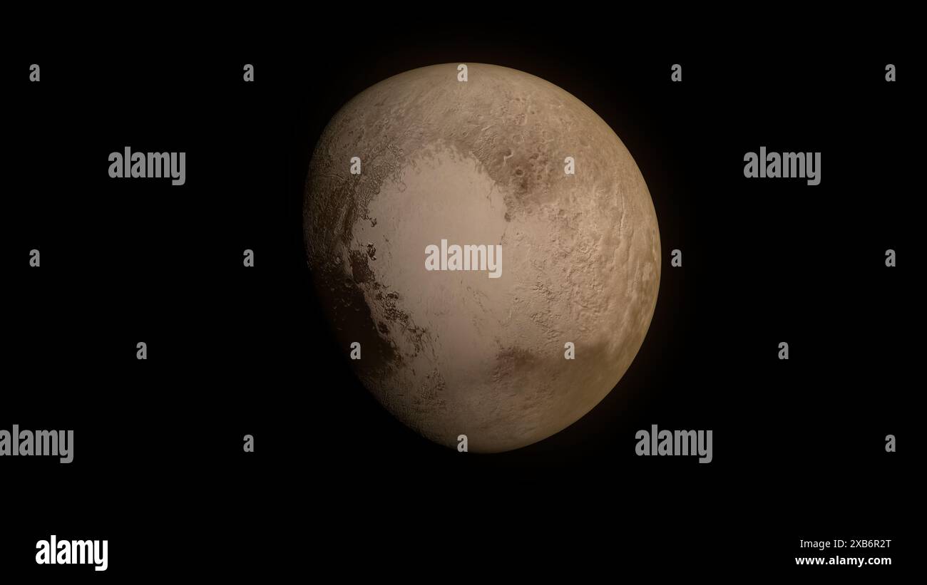 Plutone, il lontano e misterioso pianeta nano ai margini del nostro sistema solare. Questo filmato mostra la superficie ghiacciata e il terreno roccioso di Plutone. Foto Stock