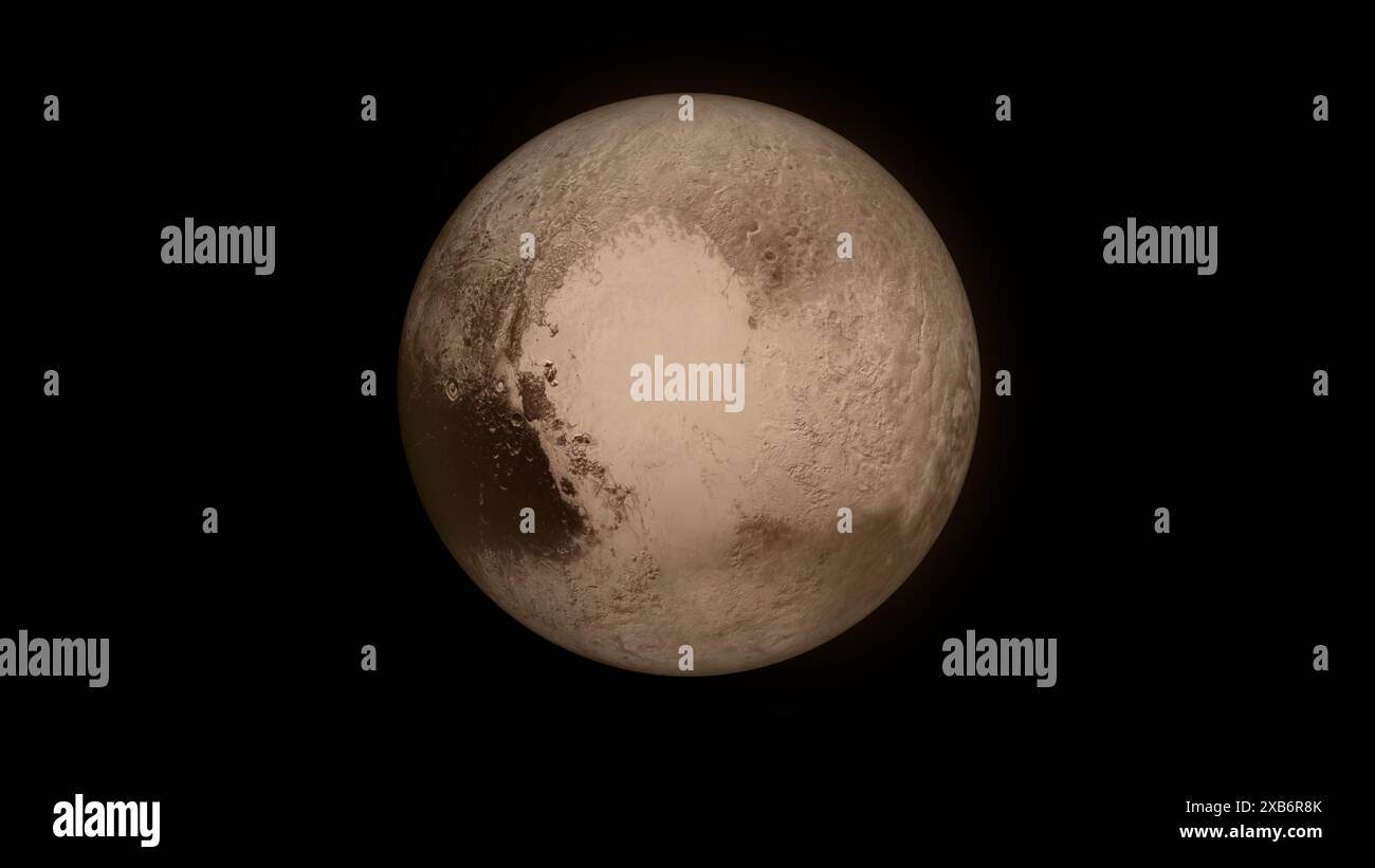 Plutone, il lontano e misterioso pianeta nano ai margini del nostro sistema solare. Questo filmato mostra la superficie ghiacciata e il terreno roccioso di Plutone. Foto Stock