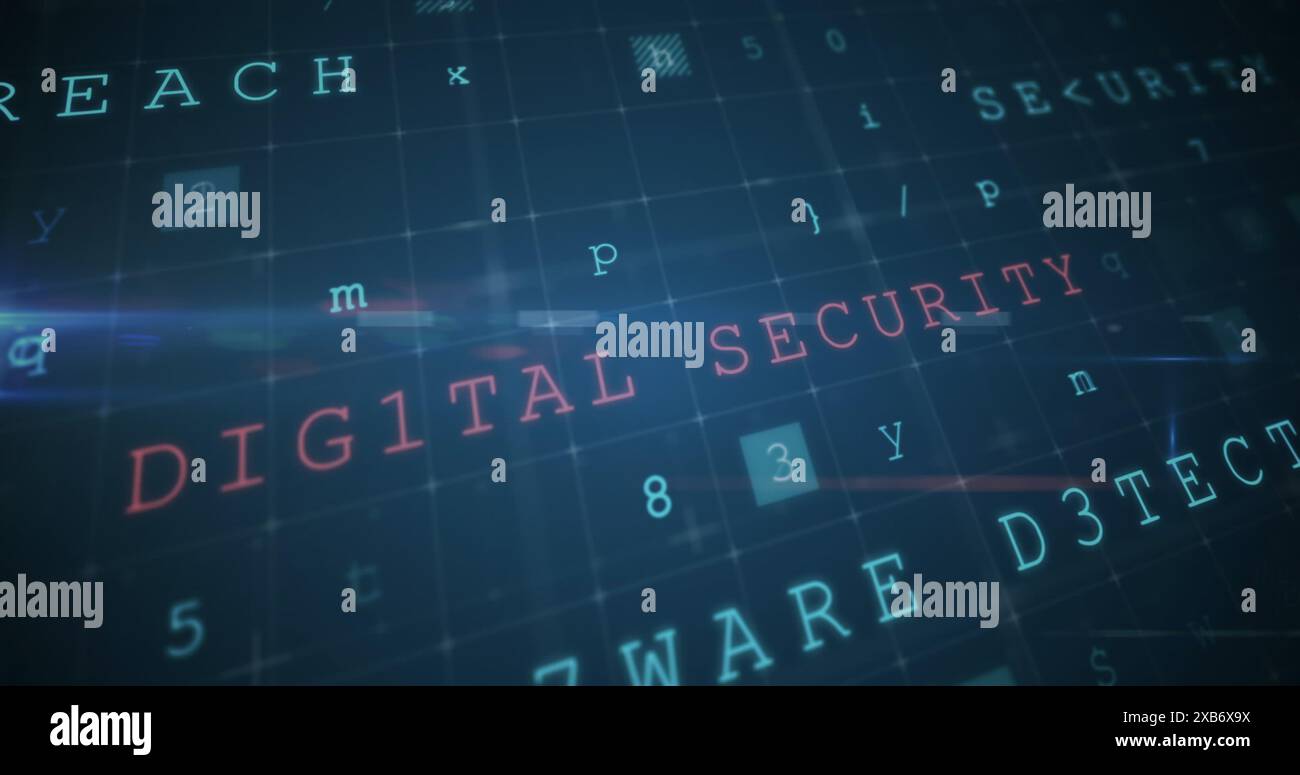 Concetto di sicurezza digitale con lettere e numeri mobili in una griglia scura Foto Stock