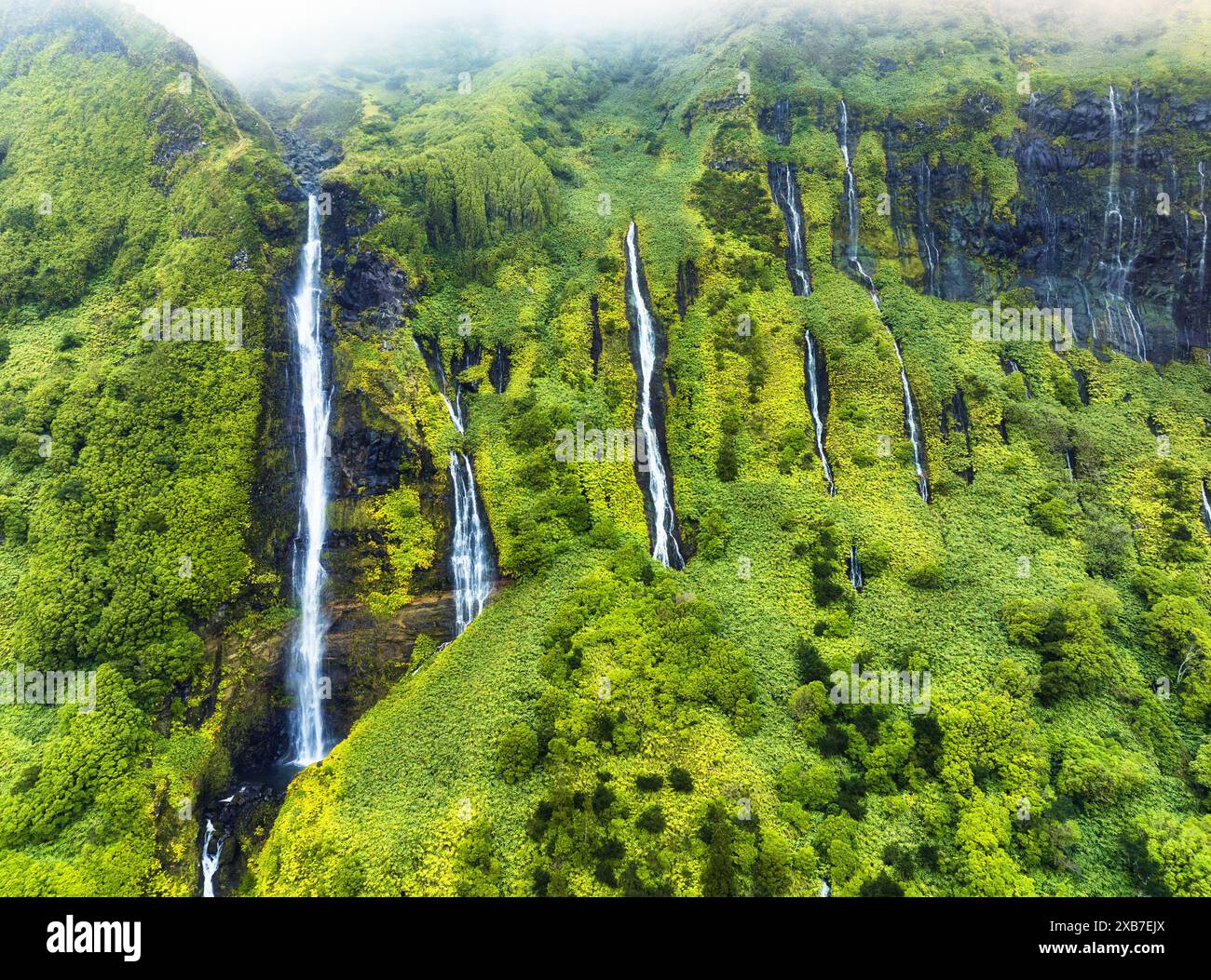 Verde cascata paesaggio tropicale - Ribeira do Ferreira, paradiso verde nascosto nell'isola di Flores, Azzorre, Portogallo, Pozo da Alagoinha Foto Stock