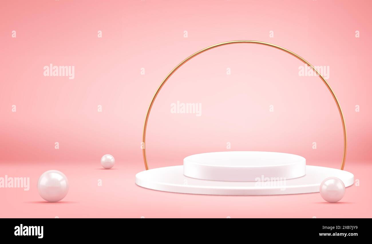 Podio bianco 3D con arcobaleno dorato e palline illustrazione vettoriale rosa. Piattaforma geometrica rotonda con perle sparse circondata da un arco giallo m Illustrazione Vettoriale