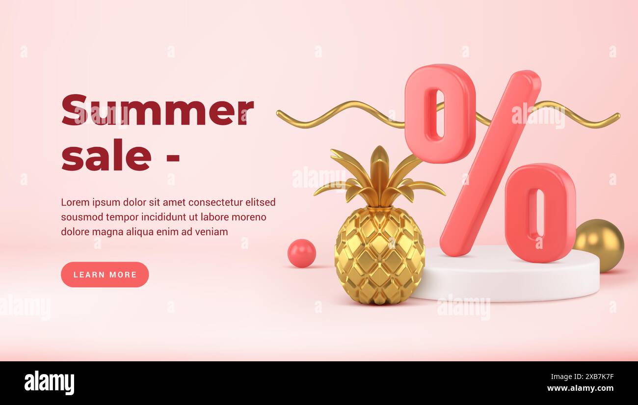 Podio con 3D percentuali di sconto e modello di banner vettore ananas dorato. Vendita giallo articoli di lusso interni su sfondo blu. Decorazione dorata Illustrazione Vettoriale