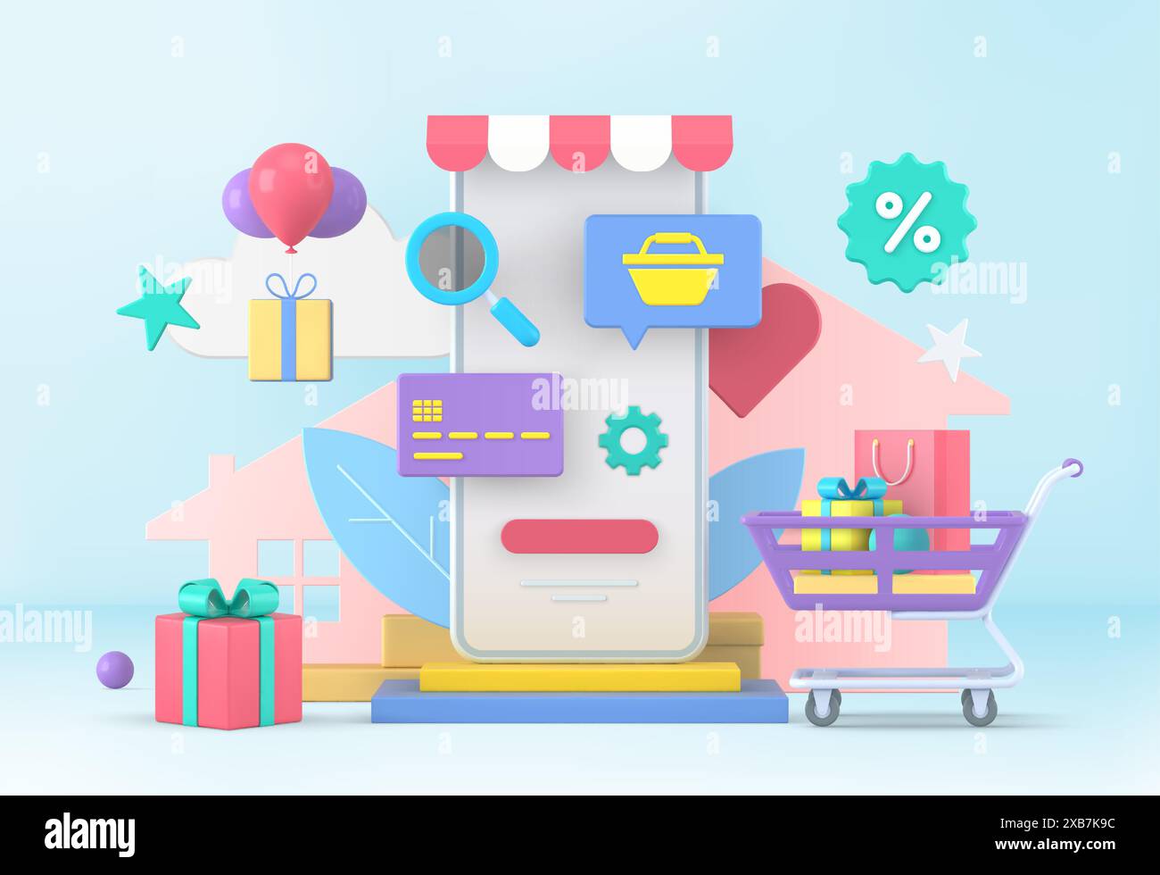 Shopping online in 3d con il concetto di vettore dei regali bonus. Selezione e ricerca di merci nel negozio Web nell'applicazione mobile pagamento con carta di credito. Discoteca speciale Illustrazione Vettoriale