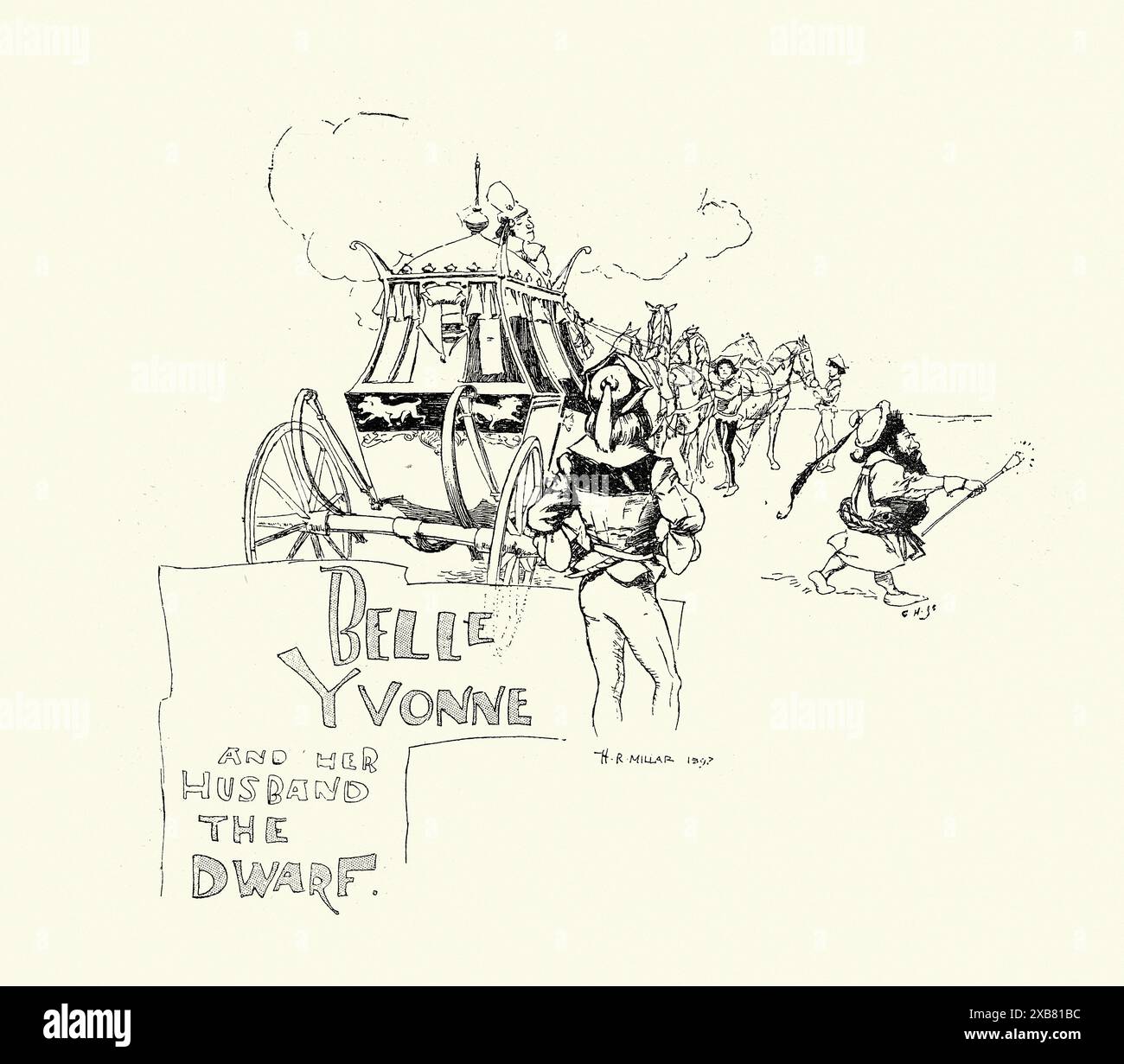Carrozza in stile medievale, illustrazione d'epoca del XIX secolo, Belle Yvonne e suo marito il nano Foto Stock