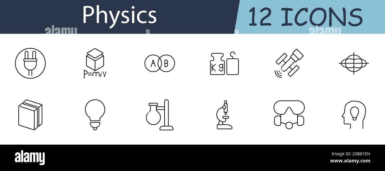 Icona Physical Set (impostazione fisica). Include formule, apparecchiature da laboratorio e simboli di strumenti scientifici. Adatto per l'istruzione, la ricerca e i concetti scientifici. Linea vettoriale Illustrazione Vettoriale