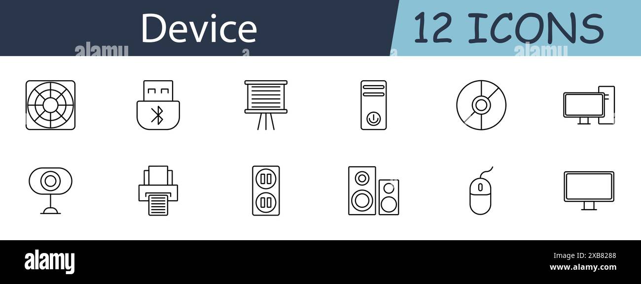 Icona del set di dispositivi. Ventola, USB, schermo proiettore, computer, CD, monitor, webcam, stampante, presa, altoparlante, mouse, display. Concetto di elettronica. Linea vettoriale Illustrazione Vettoriale