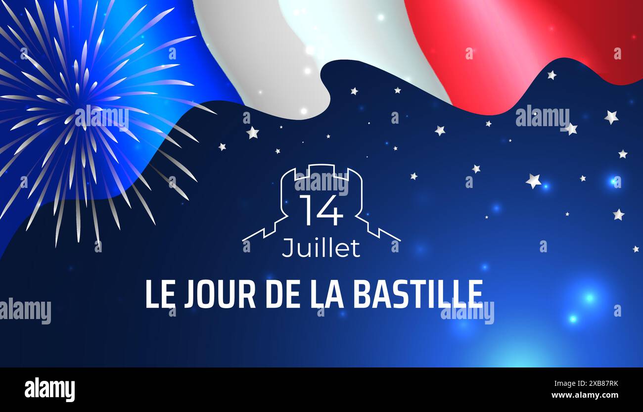 Banner 14 luglio giornata della bastiglia in francia, poster con bandiera francese, fuochi d'artificio, stelle su sfondo blu scuro del cielo. Festa nazionale francese. Sventolando la francia Illustrazione Vettoriale